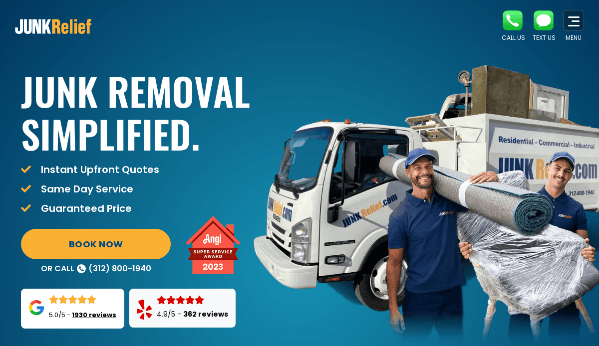 Two smiling workers stand in front of a JUNK Relief truck, one holding rolled carpet and the other with a thumbs up. Text reads JUNK REMOVAL SIMPLIFIED with service features and contact info on a blue background.