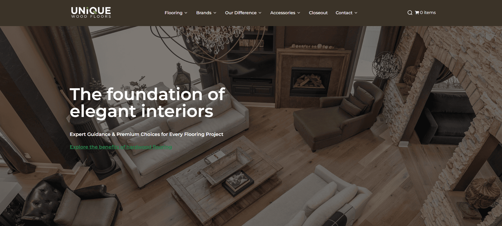 A spacious, elegant living room with wood flooring, stylish furniture, a modern chandelier, and a fireplace. The flooring website design features a header reading Unique Wood Floors and top navigation menus. Text overlay promotes elegant interiors.