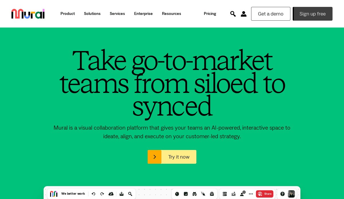 Screenshot of Mural’s website homepage with the headline, “Take go-to-market teams from siloed to synced,” and a button labeled “Try it now” on a bright green background. The top navigation bar includes links and sign-up options.