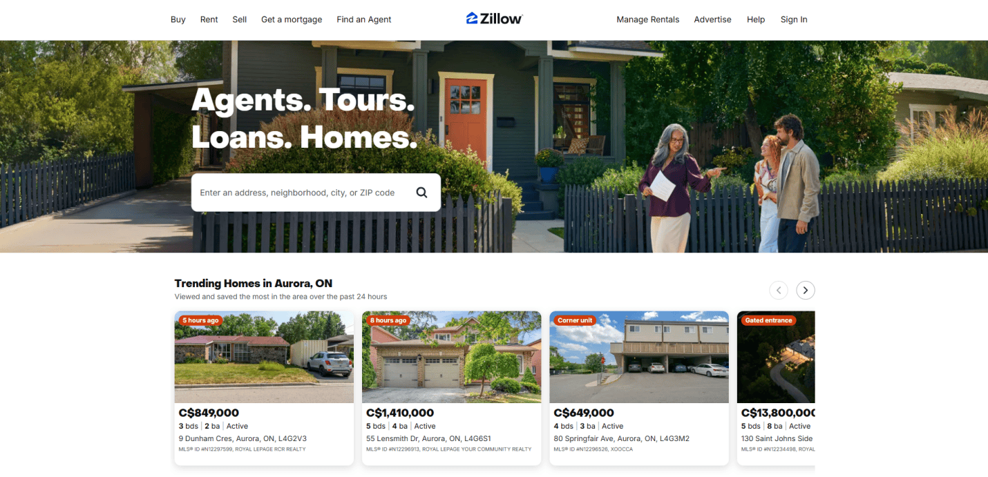 Zillow homepage with a search bar, header text Agents. Tours. Loans. Homes., and three people talking outside a house—showcasing high-converting Realtor Website Design for real estate sites. Below, trending home listings in Aurora, ON are shown with photos, prices, and details.
