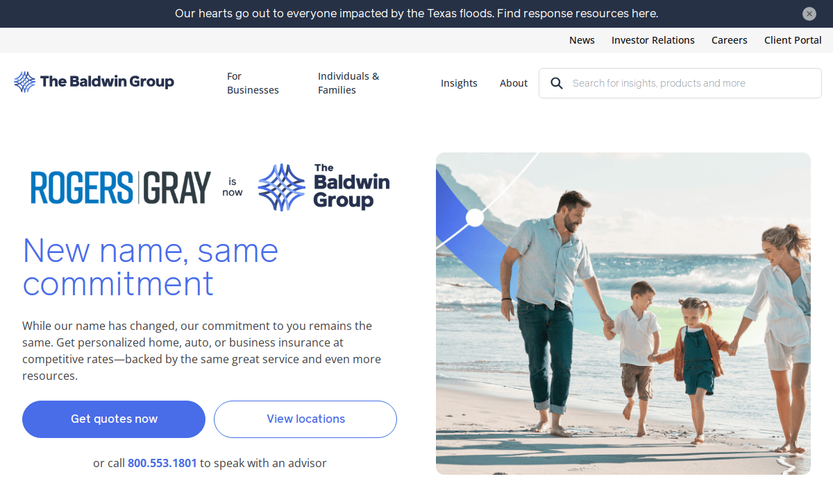 Homepage of The Baldwin Group, showcasing top insurance website design with a banner announcing ROGERS|GRAY is now The Baldwin Group and New name, same commitment. A family of four walks on a beach, holding hands on the right side.
