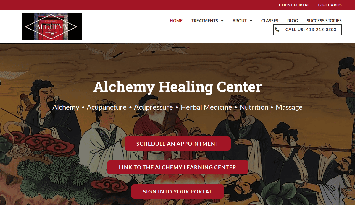Screenshot of Alchemy Healing Center’s homepage, showing traditional Asian artwork in the background and options to schedule an appointment, access the learning center, or sign in to a client portal.