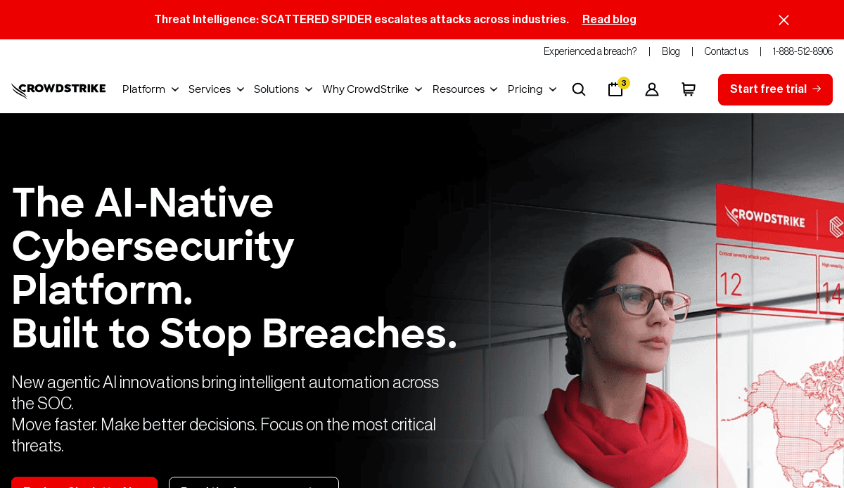 Screenshot of CrowdStrike’s homepage showing a woman in glasses and a red scarf, cybersecurity-themed graphics, and bold text: “The AI-Native Cybersecurity Platform. Built to Stop Breaches.” A standout among cybersecurity website designs, with menu links at top.