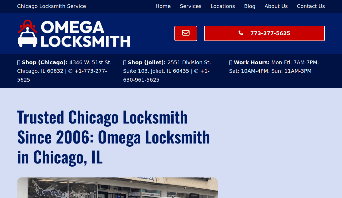 Screenshot of Omega Locksmith’s locksmith site with a blue header, navigation menu, contact numbers, and highlighted text: “Trusted Chicago Locksmith Since 2006: Omega Locksmith in Chicago, IL.”. Perfect example of effective locksmith website design.