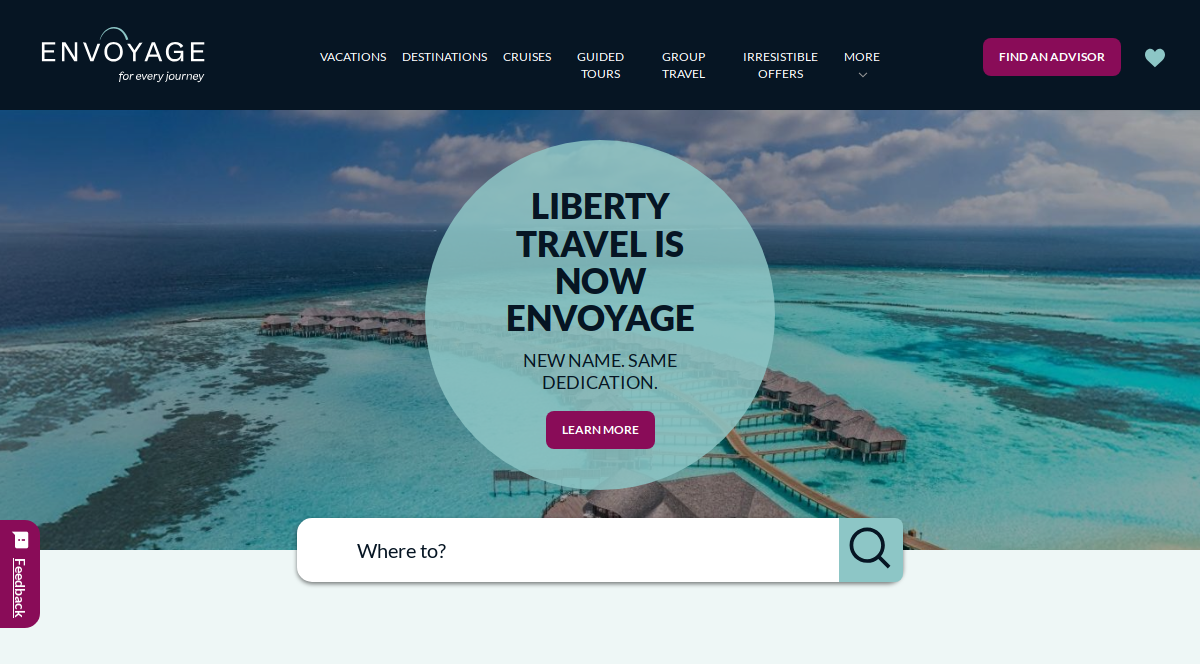 Website homepage for Envoyage, a high-performing site with an aerial view of overwater bungalows in turquoise waters. Central text announces Liberty Travel is now Envoyage, showcasing modern travel agency website design and a search bar with navigation above.