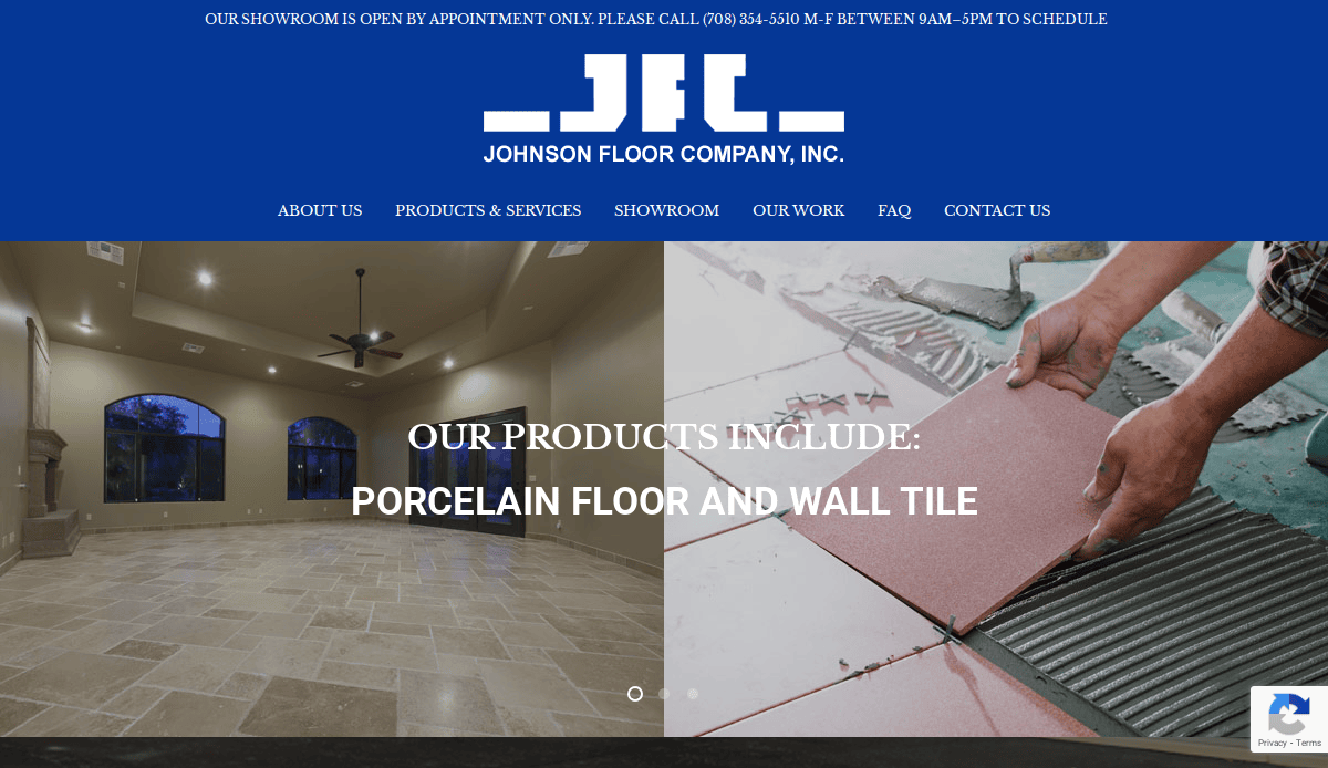 Screenshot of the Johnson Floor Company, Inc. website featuring a blue header, company logo, navigation menu, and images of a tiled living room and hands installing pink floor tiles. The professional flooring site highlights porcelain tiles.