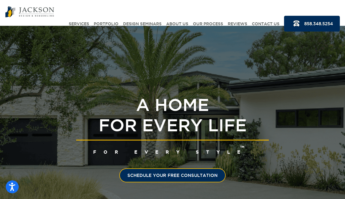 A modern house with large windows, a black garage door, and lush greenery surrounds. The text reads, A Home For Every Life. For Every Style. Discover our website blueprint by clicking the blue Schedule Your Free Consultation button.