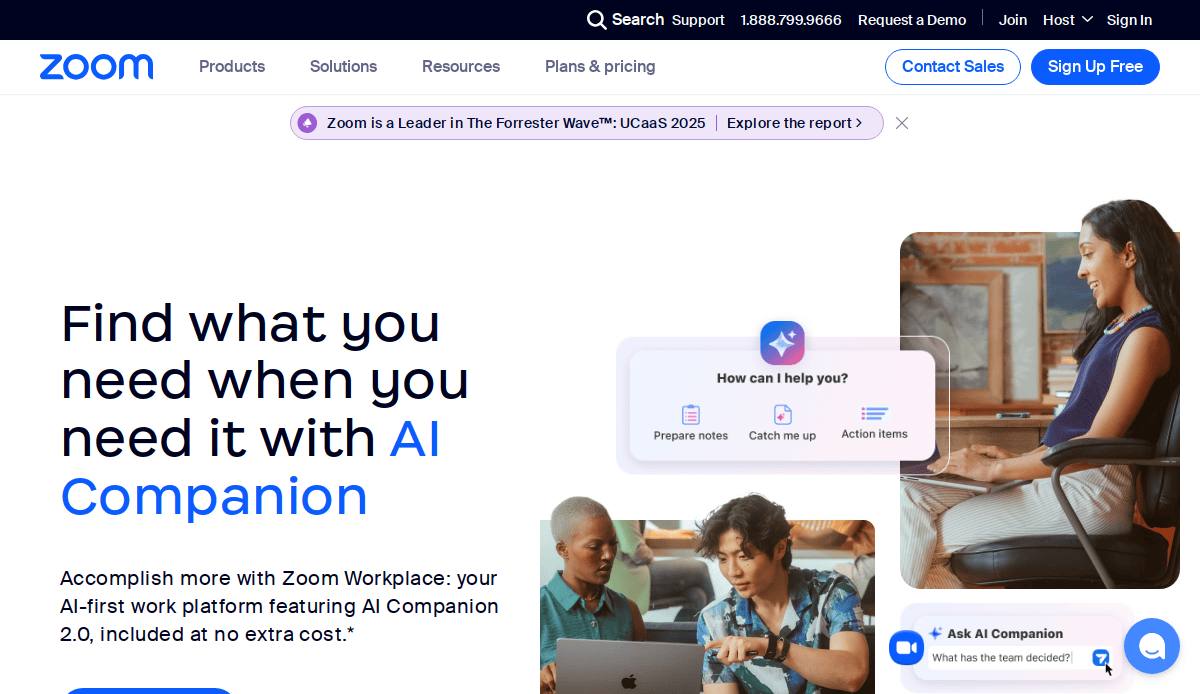 Screenshot of Zoom’s homepage featuring the headline “Find what you need when you need it with AI Companion,” images of people using laptops, and options to interact with the AI Companion on the right side.