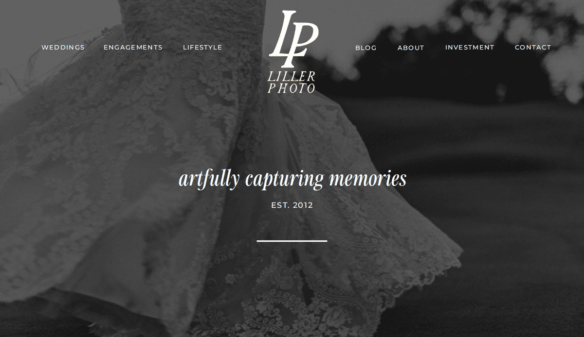 A black-and-white Photography Website Design for Liller Photo features part of a flowing lace wedding dress, with text artfully capturing memories and navigation links for weddings, engagements, lifestyle, and more.