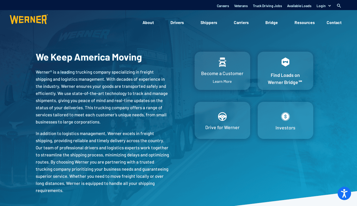 A blue-toned transportation website for Werner features a text section about logistics and transportation services, four rounded buttons—Become a Customer, Find Loads, Drive for Werner, and Investors—with a truck image faded in the background.