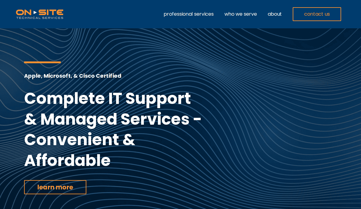 Homepage for ON-SITE Technical Services features a blue wavy line background, highlighting IT support and managed services. This IT company website serves as a valuable sales asset, with navigation links and a standout orange contact us box at the top.
