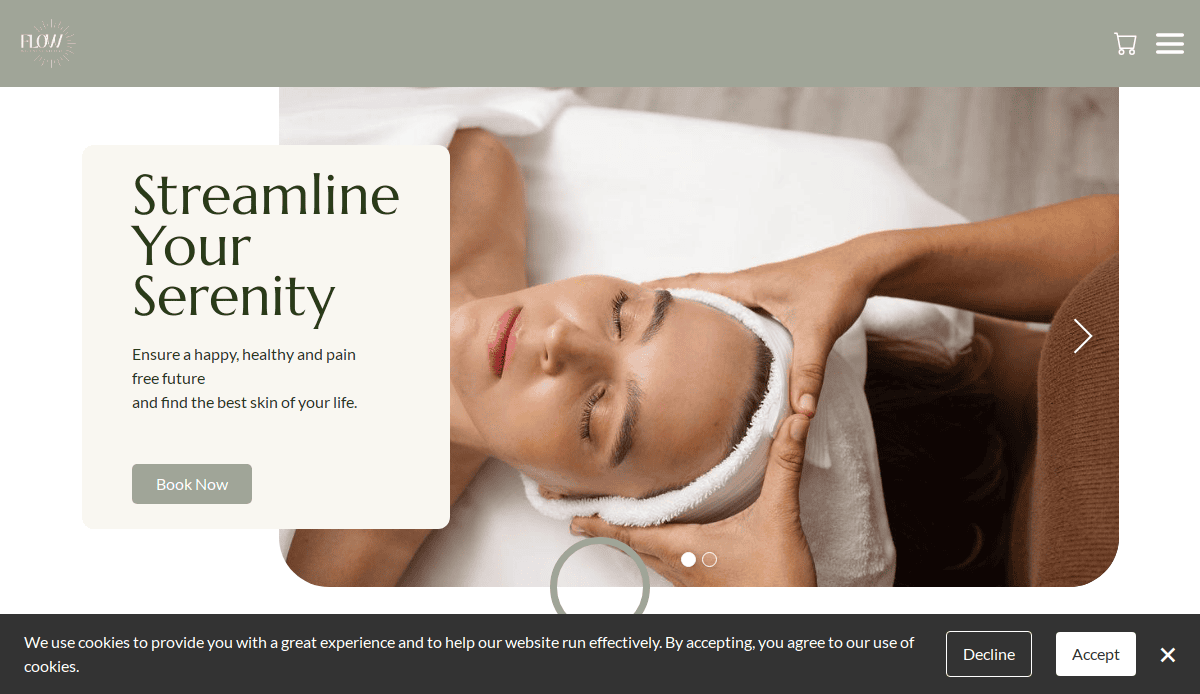 A woman lies relaxed with her eyes closed as a spa therapist massages her head in a calm, neutral-toned setting. A text overlay promotes serene skincare, while a wellness website cookie consent bar appears at the bottom.