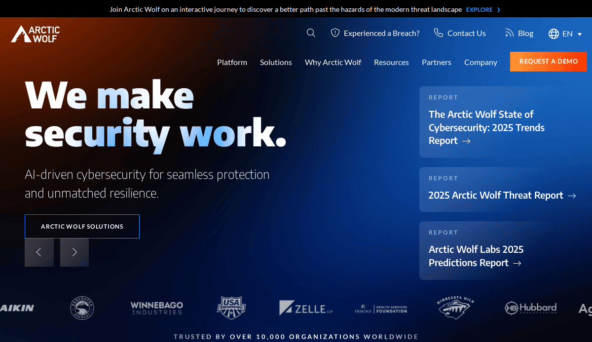 Screenshot of the Arctic Wolf homepage featuring the text “We make security work,” navigation menus, a cybersecurity guide, options for resources and demos, reports on cybersecurity trends, and partner logos—all showcasing top cybersecurity website designs.