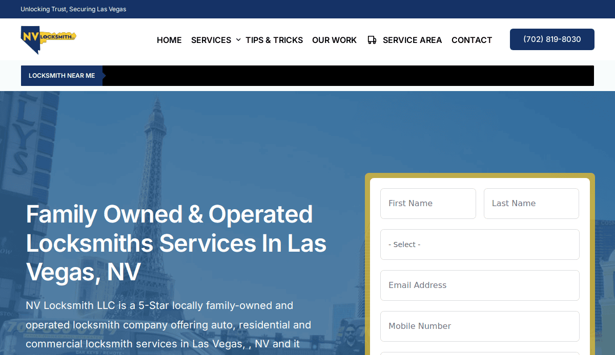 Screenshot of the NV Locksmith Las Vegas website homepage, featuring a blue and white locksmith website design, a navigation menu, and a contact form on the right for locksmith services in Las Vegas, NV.