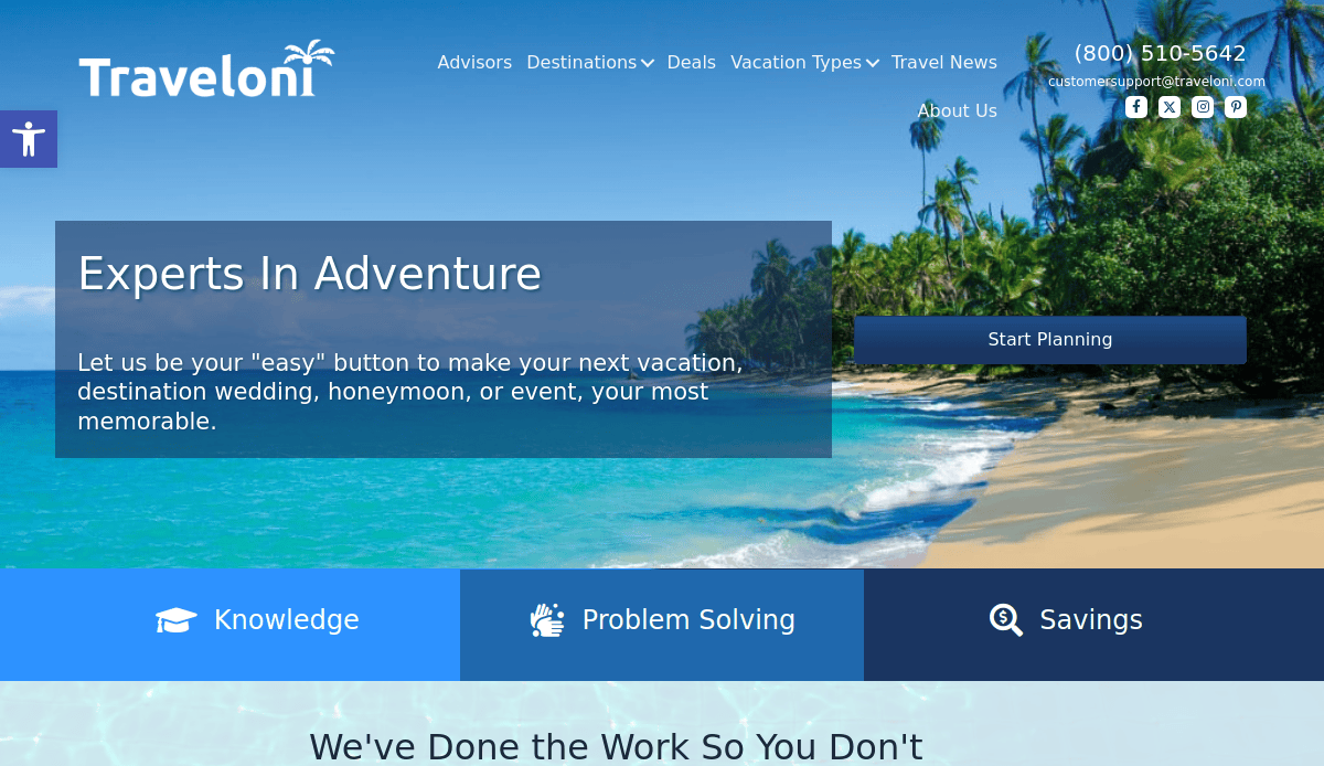 A tropical beach with palm trees, turquoise water, and blue sky. The Traveloni header showcases a high-performing site for vacation planning, with buttons for info on knowledge, problem solving, and savings—perfect travel agency website design.