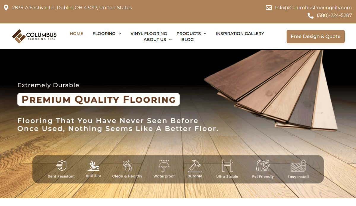 Screenshot of the Columbus Flooring City professional flooring website homepage, featuring wood flooring, contact info, navigation menu, highlighted features like durability and scratch resistance, plus a “Free Design & Quote” button.