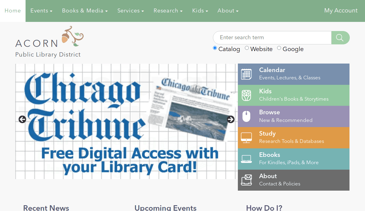 Screenshot of the Acorn Public Library District website homepage, featuring a banner for free digital access to the Chicago Tribune with a library card, and a navigation menu for events, resources, and account access.