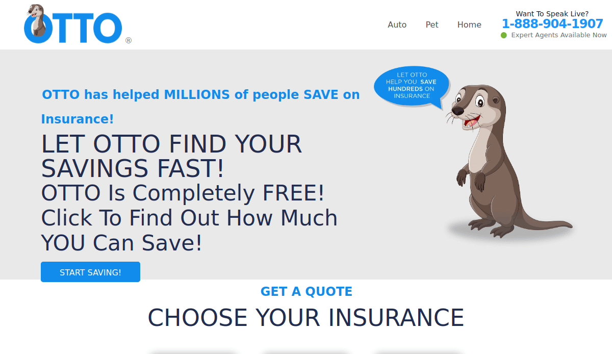 Screenshot of the Otto insurance website, showcasing its standout insurance website design with the Otto otter mascot, a headline about saving on insurance, a Start Saving! button, and a live support phone number in the top right corner.