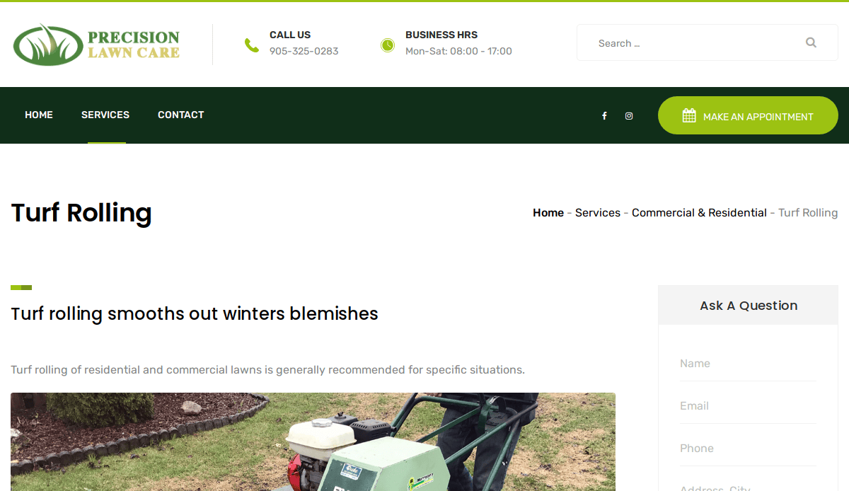 Screenshot of the Precision Lawn Care website page about turf rolling, featuring contact details, a navigation menu, a Make an Appointment button, and a partial image of turf rolling equipment for expert lawn maintenance.