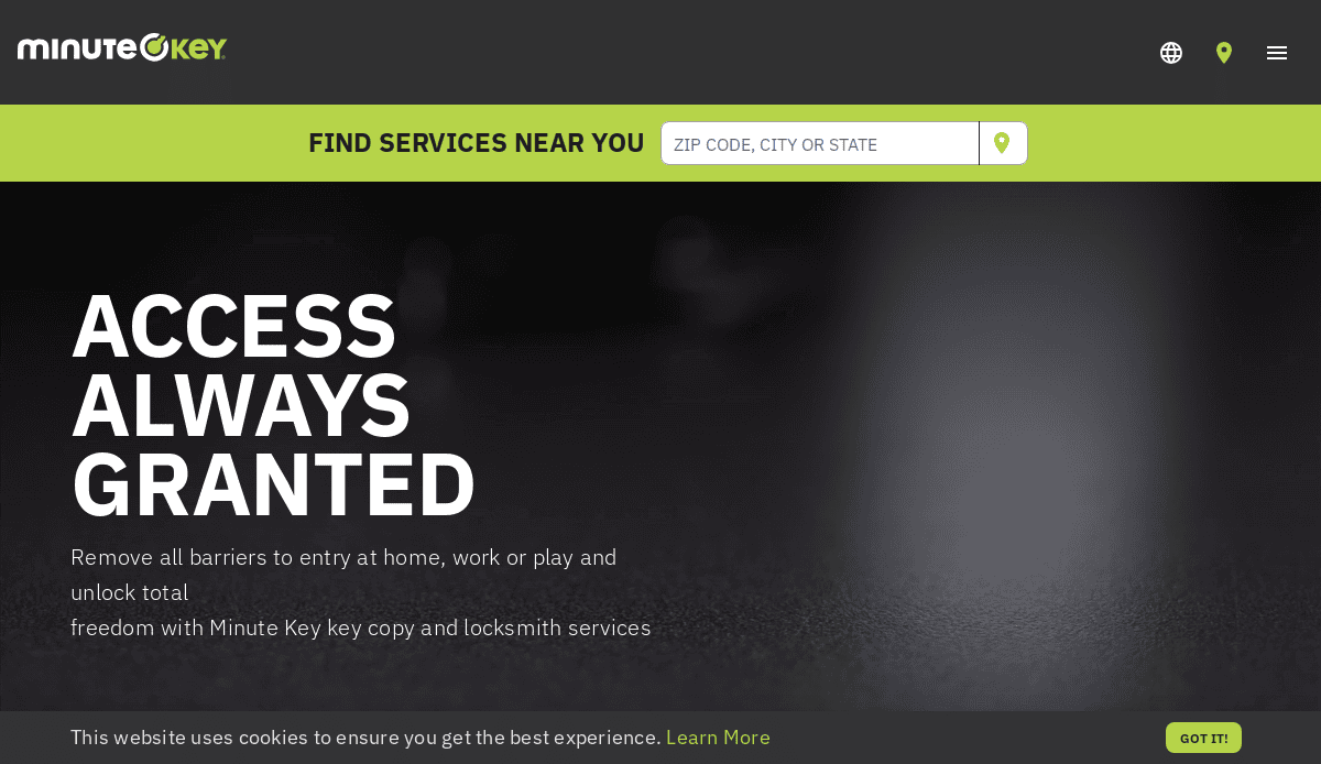MinuteKey locksmith website design features a homepage with a search bar to find key copy and locksmith services by ZIP code, city, or state. Text reads ACCESS ALWAYS GRANTED. Cookie notice is at the bottom of the locksmith site.