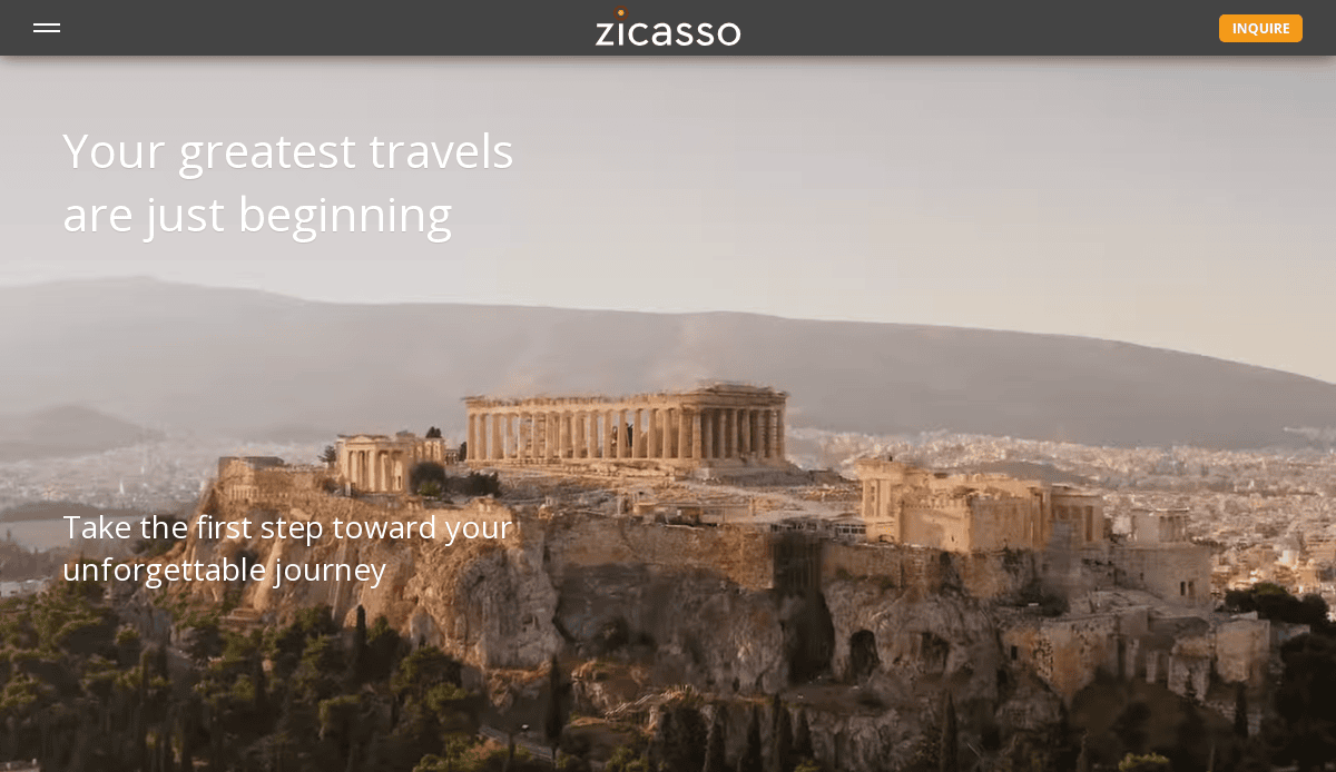 View of the Acropolis in Athens, Greece at sunset with text overlay: Your greatest travels are just beginning and Take the first step toward your unforgettable journey. High-performing site design drives sales—Zicasso logo at the top.