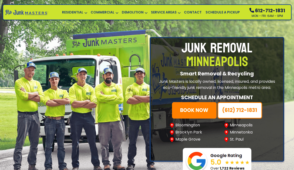 Five workers in bright yellow shirts and hats stand in front of a green Junk Masters truck. The image promotes junk removal services in Minneapolis, with website design elements like contact info, a booking button, and service area details.