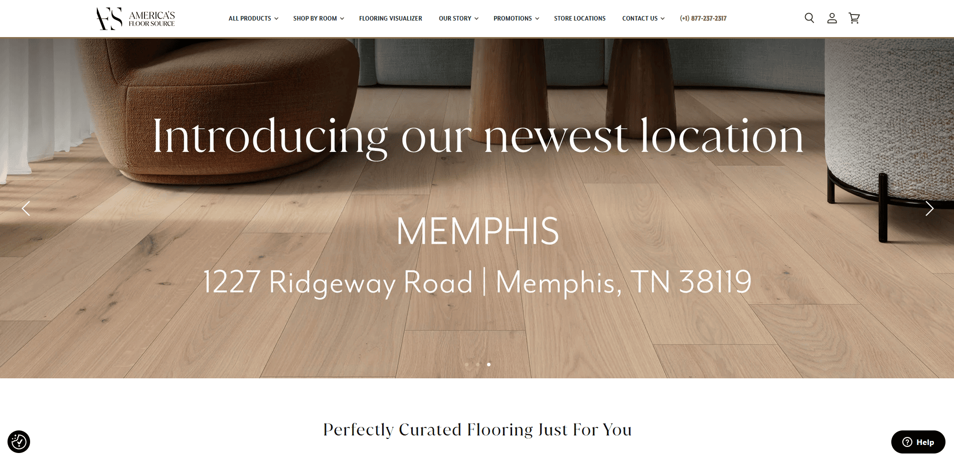 Website banner announcing Americas Floor Source’s new Memphis location at 1227 Ridgeway Road, featuring stylish wood flooring and modern furniture—an inspiring example of professional flooring website design.