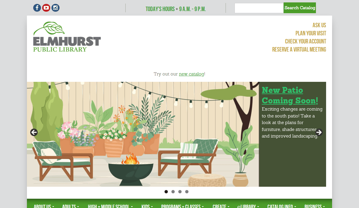 A webpage for Elmhurst Public Library features an illustration of a patio with chairs, a fire pit, string lights, and lush plants. Text announces a New Patio Coming Soon with details about the project. Website menu options are visible.