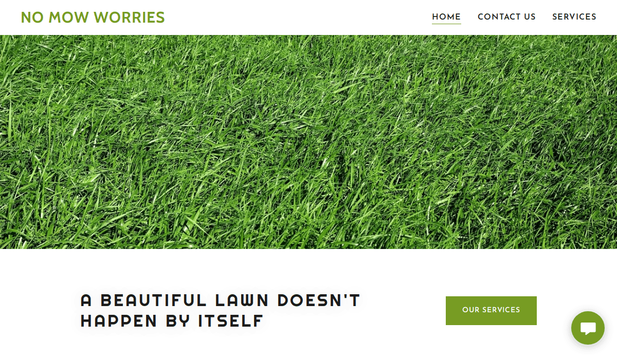 Screenshot of a lawn care website header featuring dense green grass, the company name No Mow Worries, navigation links (Home, Contact Us, Services), and the tagline A beautiful lawn doesn’t happen by itself. Perfect for showcasing professional lawn services.