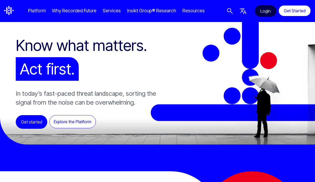 A person holding an umbrella stands against a white and blue abstract background with text that reads, “Know what matters. Act first.” Call-to-action buttons and navigation complete this standout look inspired by top cybersecurity website designs.