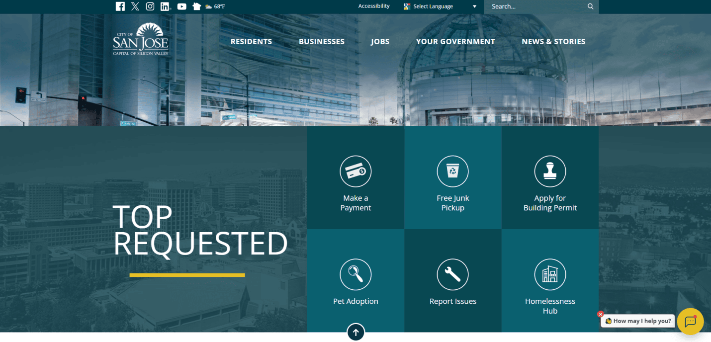 Screenshot of the City of San José website homepage showing navigation menus, city hall in the background, and quick access icons for payments, junk pickup, building permits, pet adoption, reporting issues, and homelessness hub.