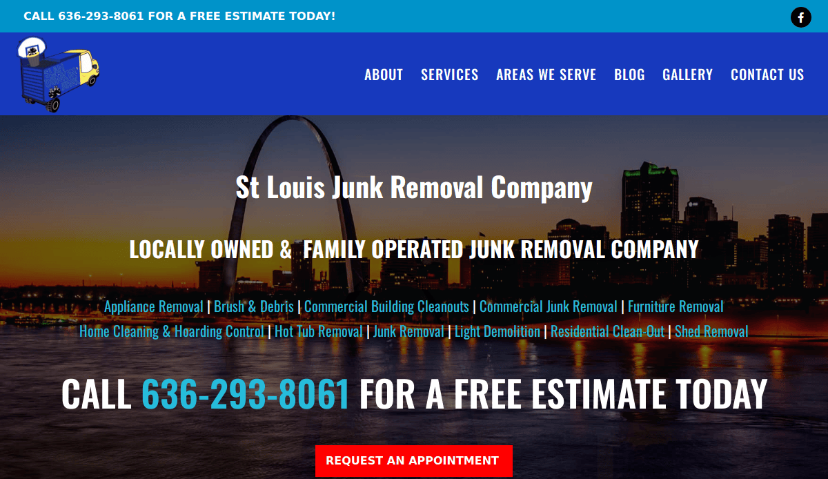 Website homepage for St Louis Junk Removal Company featuring city skyline at dusk, modern junk removal website design, company name and contact info, a blue truck icon, and a highlighted phone number for free estimates. Menu links top the page.