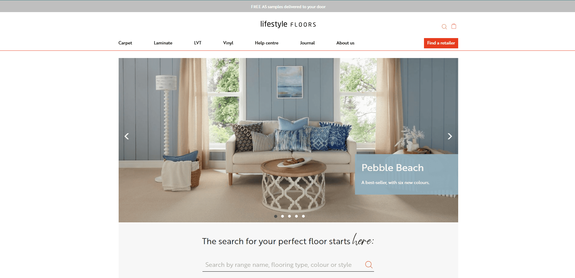 A modern living room with light beige carpet, light blue paneled walls, white-framed windows, a round wooden coffee table, and a sofa with blue and white cushions. Discover more at our professional flooring website, featuring Pebble Beach flooring.