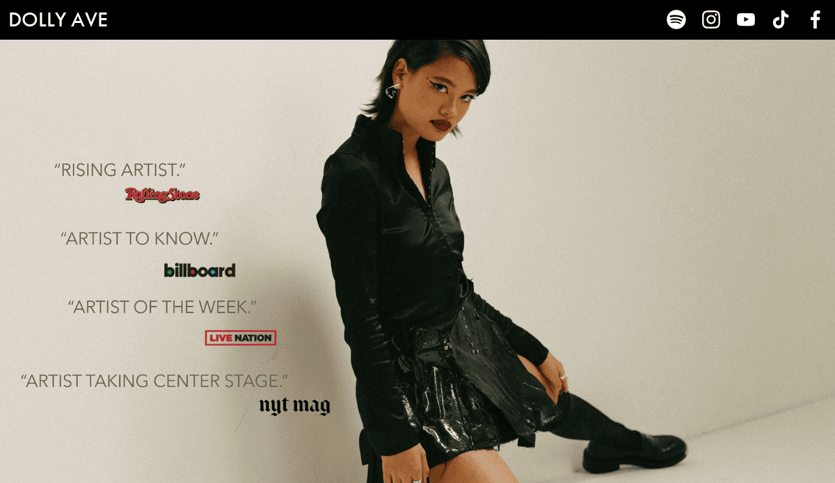 A woman with short dark hair, in a black blouse and shiny black skirt, sits against a white wall. Text beside her lists media accolades from Rolling Stone, Billboard, Live Nation, and NYT Mag—reflecting the best examples of photography website design. Social icons are above.