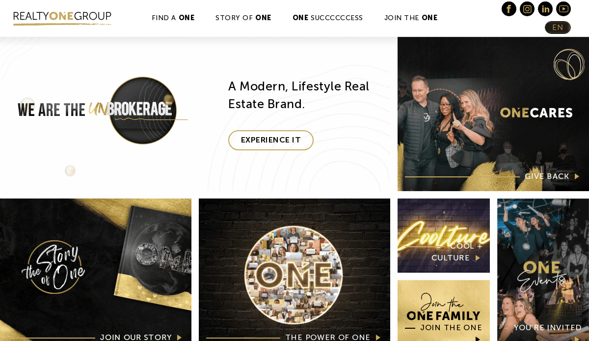 Screenshot of Realty ONE Group’s high-converting homepage, featuring bold gold and black branding, a “Modern, Lifestyle Real Estate Brand” tagline, images of people celebrating, and user-friendly Realtor website design navigation like “Find a ONE” and “Join the ONE.”.