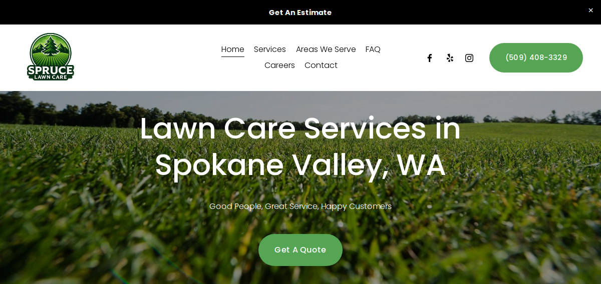 Screenshot of the Spruce Lawn Care website homepage, showing a close-up photo of grass, the company logo, navigation menu, contact number, and a Get A Quote button. Text reads Lawn Care Services in Spokane Valley, WA—expert lawn maintenance solutions.