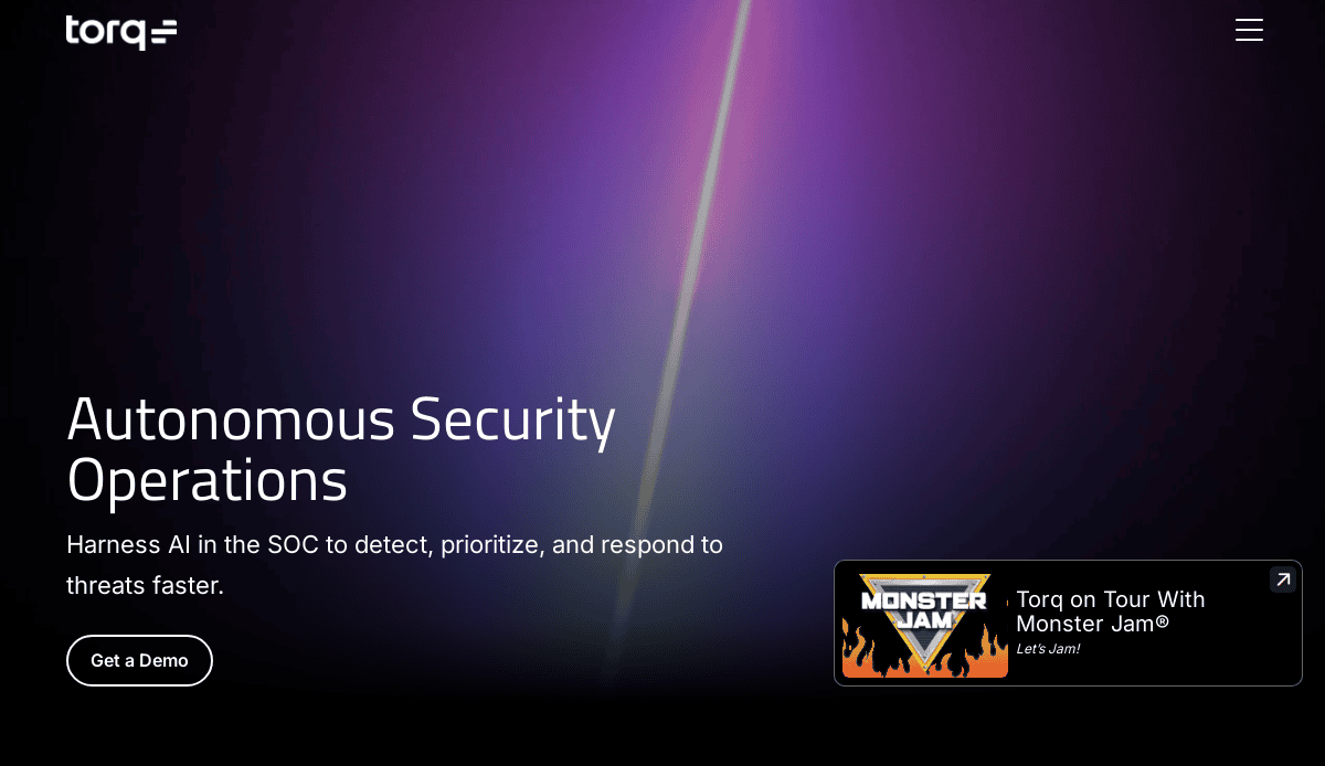 A dark gradient background with the Torq logo, text reading Autonomous Security Operations, a button saying Get a Demo, and a Monster Jam ad in the lower right—ideal inspiration for modern cybersecurity website designs.