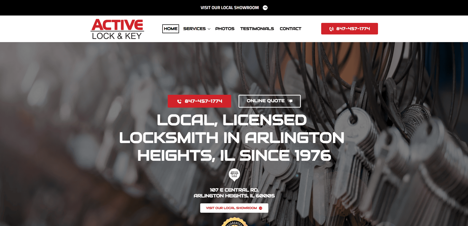 Website homepage for Active Lock & Key featuring a background of hanging keys and locks, business contact details, navigation menu, and bold text: “Local, licensed locksmith in Arlington Heights, IL since 1976.” Unlocks more leads with expert locksmith website design.