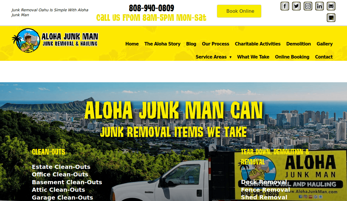 Screenshot of the Aloha Junk Man website, showcasing vibrant yellow and black text about junk removal services, a phone number, booking button, truck images, tropical scenery, and a clean junk removal website design.