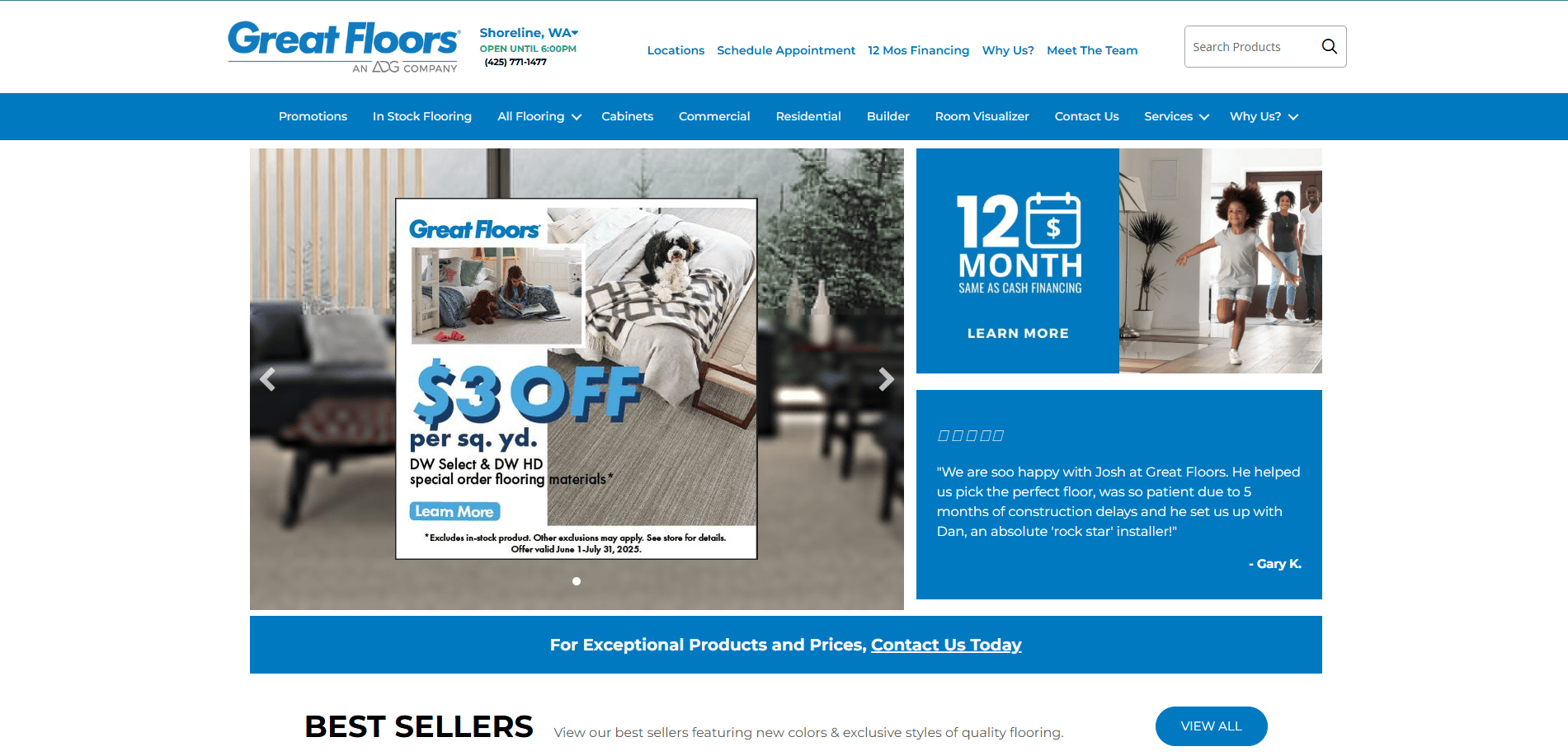 Homepage of the Great Floors professional flooring website featuring a banner ad for $3 off select in-stock DW special order flooring, a 12-month financing promotion, and a navigation menu for flooring types and services.