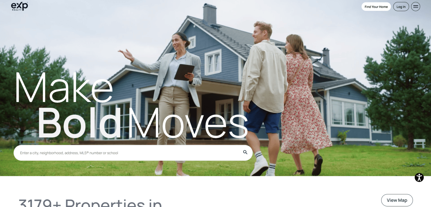 A real estate agent shows a smiling couple a large blue house with white trim and a well-kept lawn. Large text says Make Bold Moves, highlighting eye-catching Realtor website design with an overlaid search bar for high-converting real estate sites.