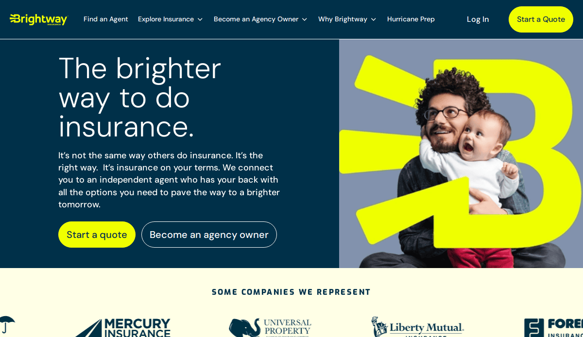 A cheerful man holding a smiling baby is highlighted by bright yellow shapes, next to text that reads, The brighter way to do insurance—showcasing standout insurance website design. A Start a quote button and company logos are also visible on the webpage.