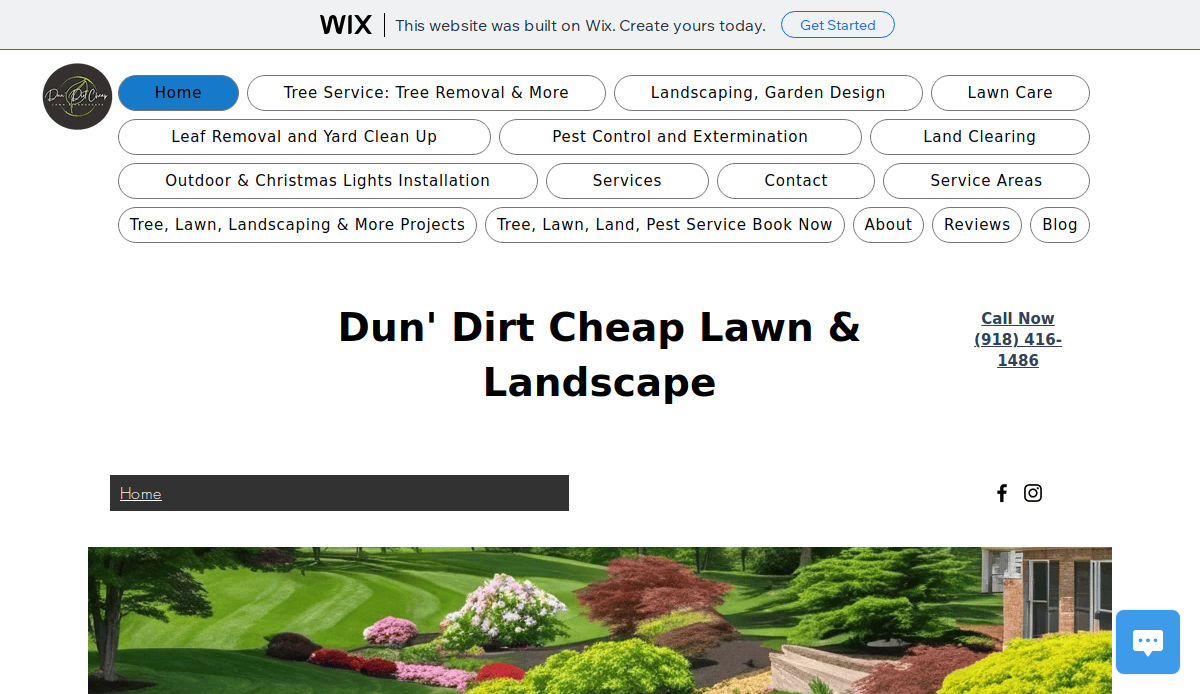 Screenshot of a landscaping business website titled Dun Dirt Cheap Lawn & Landscape, featuring navigation buttons, a phone number, and a background image of a landscaped garden highlighting their expert lawn care and vibrant flower beds.