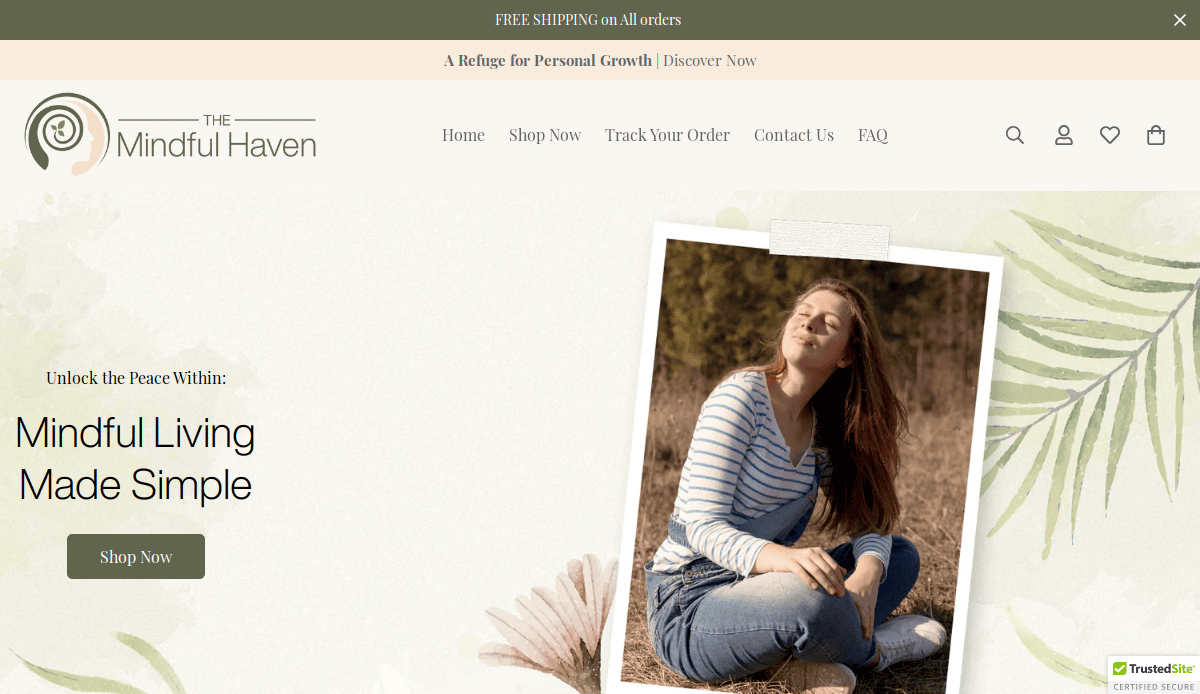 Homepage of The Mindful Haven wellness website, featuring a young woman sitting outdoors with closed eyes, smiling and basking in sunlight. Text reads “Mindful Living Made Simple” next to a “Shop Now” button. Experience holistic web design.