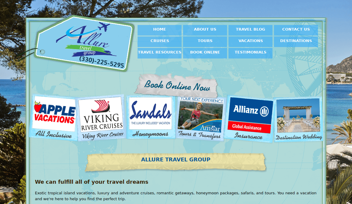 Screenshot of a high-performing travel agency website design, featuring a blue and green theme with logos for Apple Vacations, Viking Cruises, Sandals, Amstar, Allianz Insurance, and destination weddings against a scenic seaside backdrop.