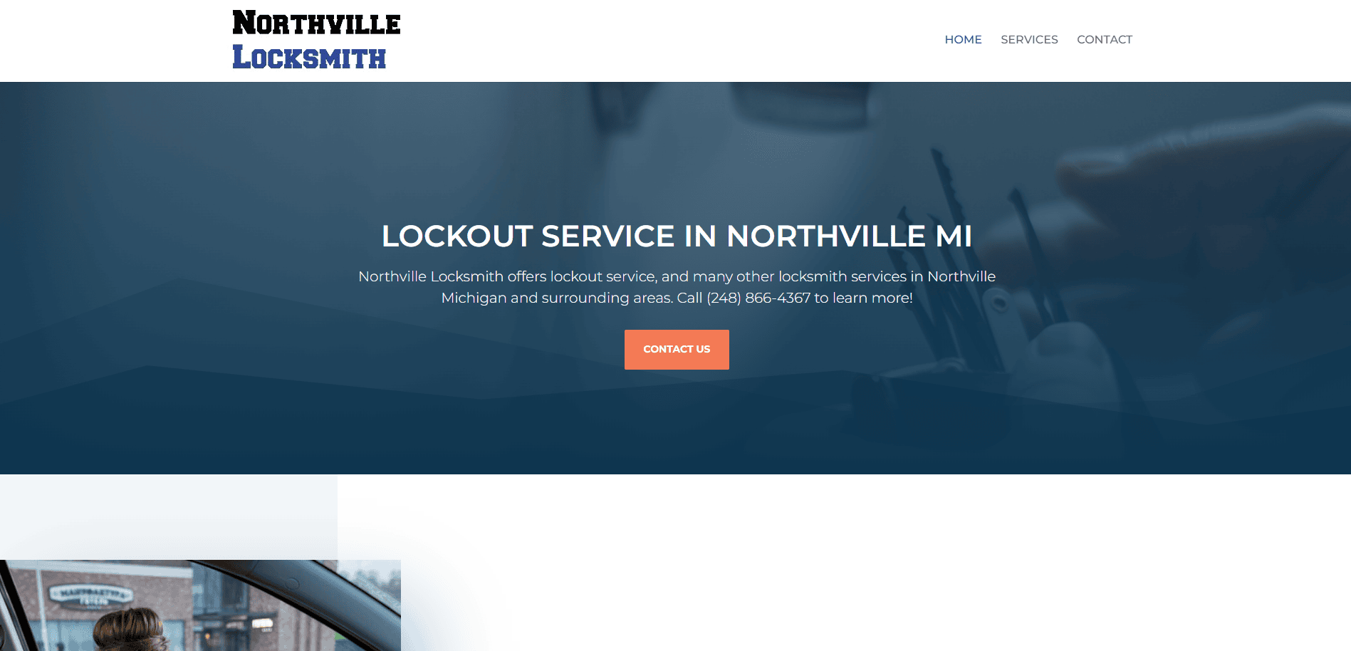 Screenshot of the Northville Locksmith website homepage, showcasing a locksmith site layout with the company name, navigation links, and a banner that reads Lockout Service in Northville MI alongside a Contact Us button.