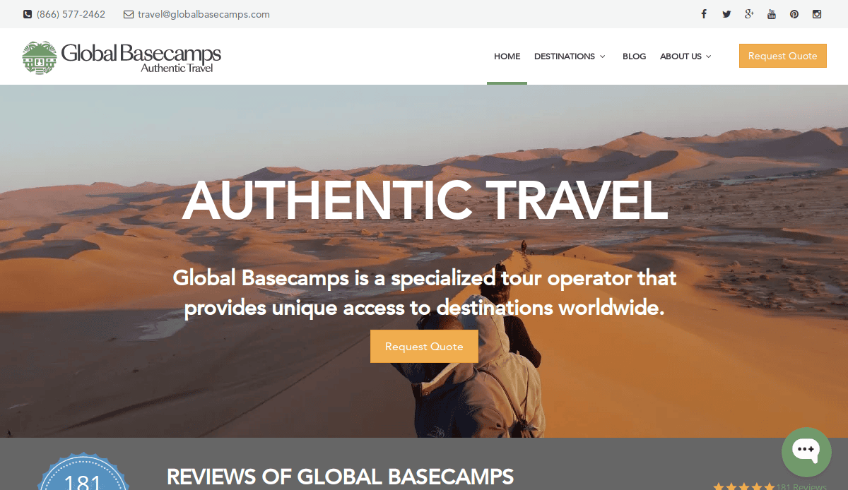 Screenshot of Global Basecamps’ Travel Agency Website Design featuring a rider on a camel at sunset in a vast desert, with bold text promoting authentic travel and a button—showcasing a high-performing site that drives sales.