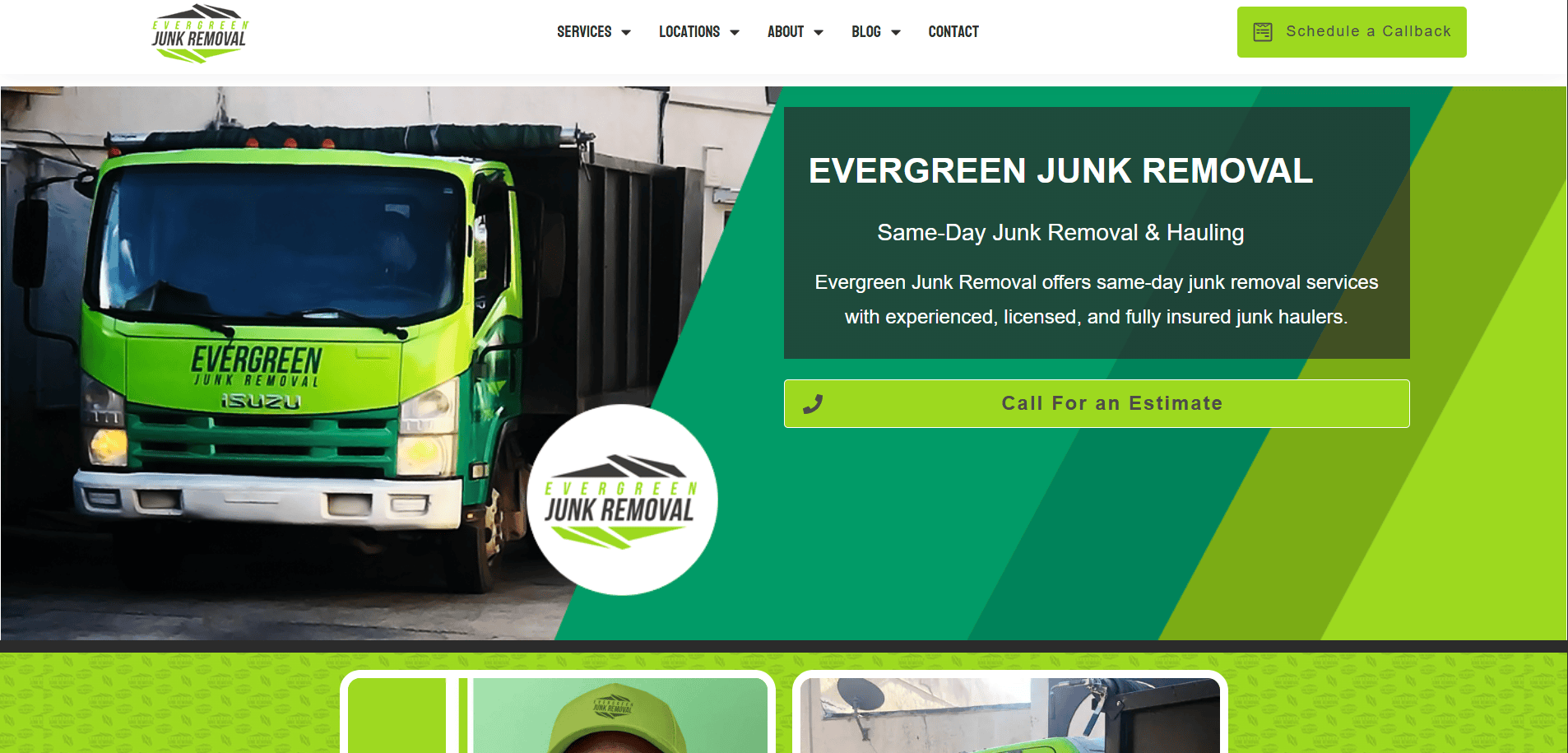 Screenshot of Evergreen Junk Removal’s website featuring a green truck, company logo, service description, and a highlighted button to call for an estimate; the junk removal website has a navigation menu and “Schedule a Callback” button at the top.