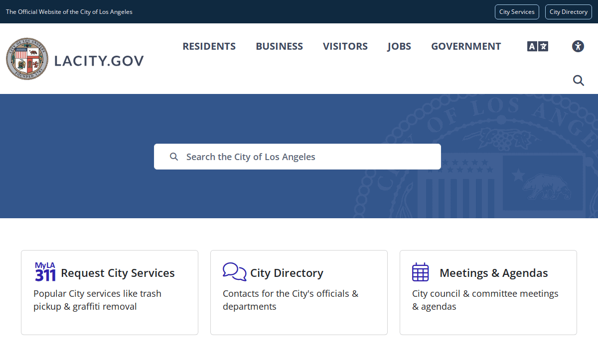 Screenshot of the LACITY.GOV homepage featuring a search bar and navigation links for Residents, Business, Visitors, Jobs, and Government. Below are sections for Request City Services, City Directory, and Meetings & Agendas.