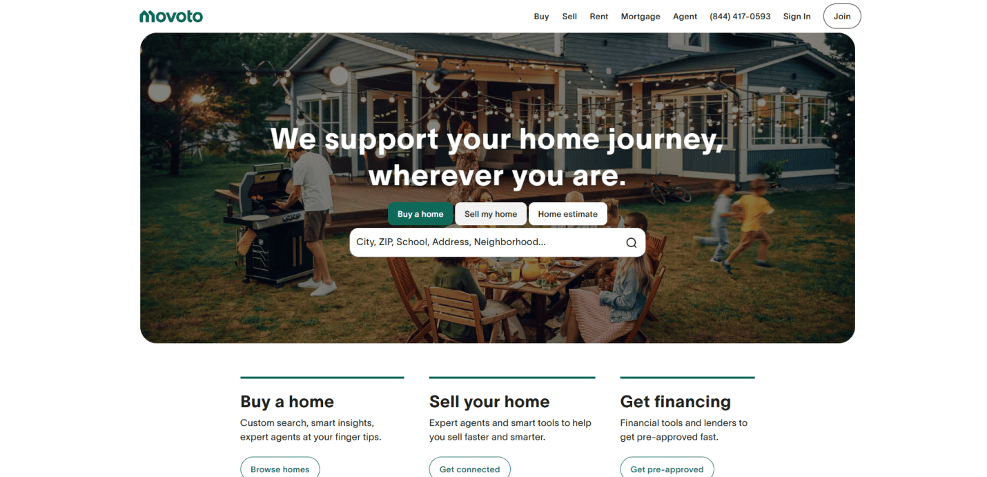 A family enjoys a backyard barbecue under string lights, with a modern house in the background. The Movoto overlay showcases high-converting search options—buy, sell, or estimate—reflecting top Realtor website design found on leading real estate sites.